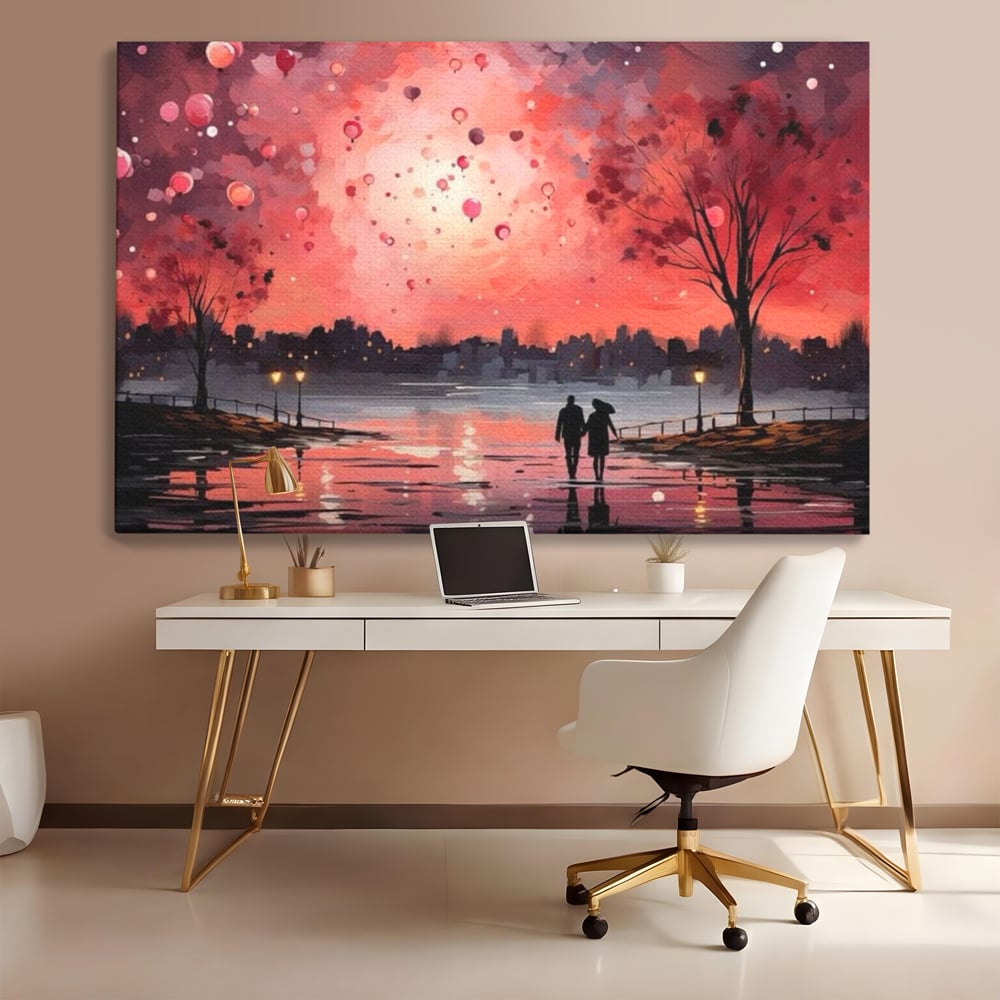 Tablou canvas cu tablou canvas cuplu pe faleza la apus rosu, fara rama, pe sasiu de lemn, pe perete intr-un birou